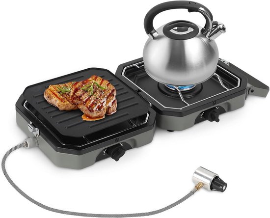 Kooktoestel met Grillplaat - Dubbele Brander - Outdoor Koken - Compact Opvouwbaar - 54 x 23 x 54 cm - Zwart