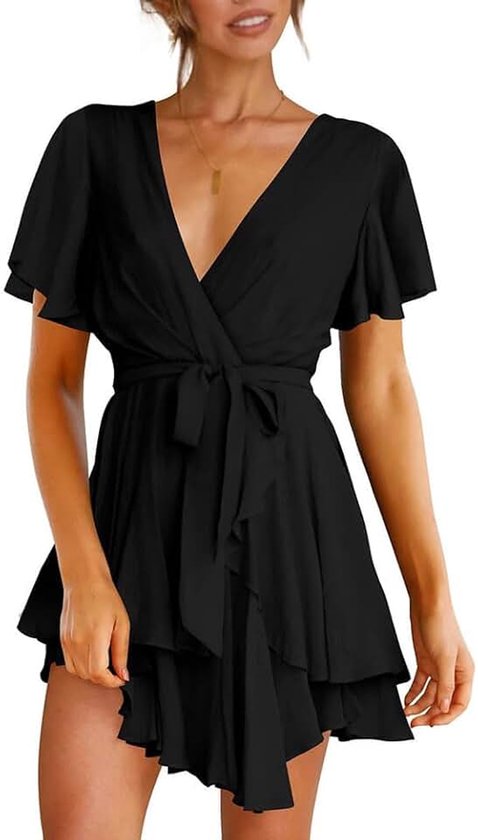 Korte mouwen, V-hals, ruches, zoom, elegant, chic, kort, bodycon, sexy, mini-jurk, avondjurk, cocktailparty