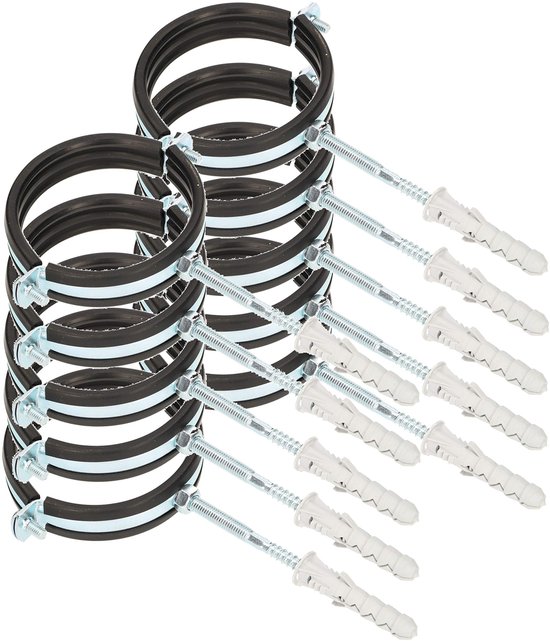 KOTARBAU® 10 Stuks Pijpbeugelset, Trillingsdempende Buisklem, 3", Gegalvaniseerd Staal, Pijpbeugel met Rubberen, Installatiebeugel, met Plug, Buisbeugel, Zwart Zilwer van Merkloos