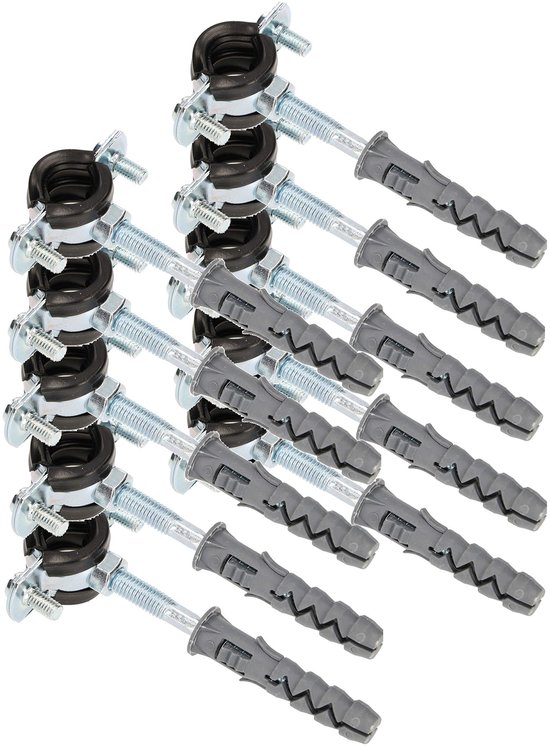 KOTARBAU® 10 Stuks Pijpbeugelset, Trillingsdempende Buisklem, 3/8", Gegalvaniseerd Staal, Pijpbeugel met Rubberen, Installatiebeugel, met Plug, Buisbeugel, Zwart Zilwer van Merkloos