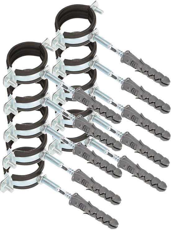 KOTARBAU® 10 Stuks Pijpbeugelset, Trillingsdempende Buisklem, 6/4", Gegalvaniseerd Staal, Pijpbeugel met Rubberen, Installatiebeugel, met Plug, Buisbeugel, Zwart Zilwer