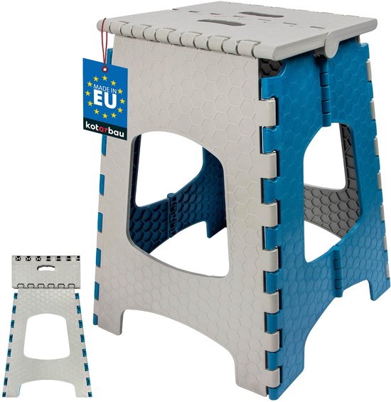 KOTARBAU® Opvouwbare Kruk - Opstapje Inklapbaar 44 cm - Opvouwbaar Opstapkrukje - Antislip en Stabiel - Draagbaar - Kunststof - Grijs en Blauw