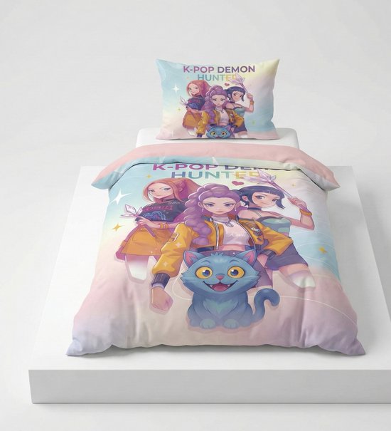 KPop Demon Hunters Dekbedovertrek - Eenpersoons (140x200 cm) - Anime & Music Thema - Inclusief Kussensloop - Roze/Pastel/Paars