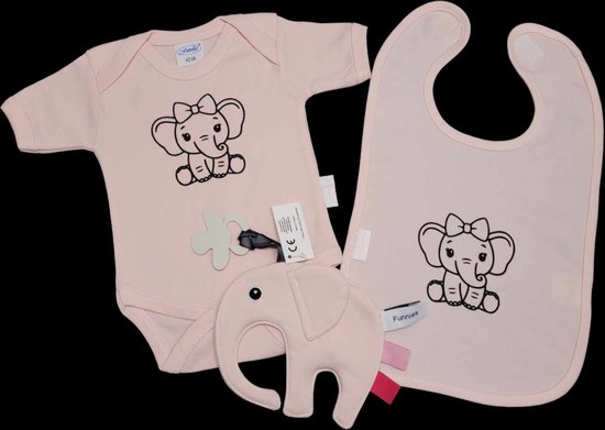 Kraamcadeau -roze - olifant - slab - speendoek - romper - maat 50/56. van Puckator