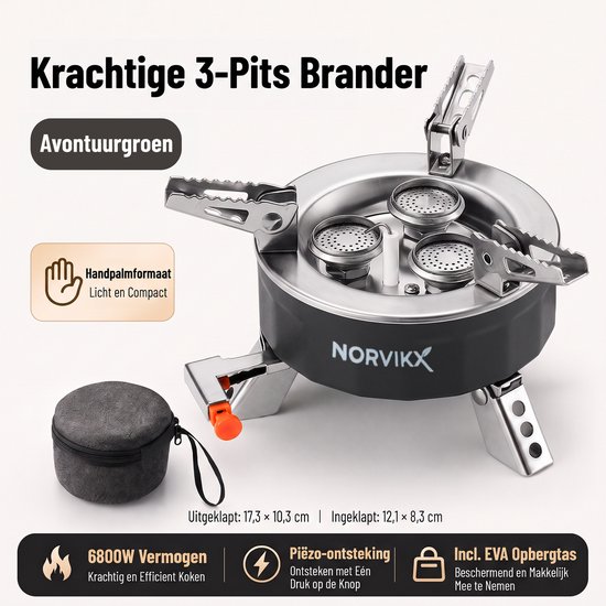 Krachtige 3-Pits Camping Gastank Brander - Compact & Opvouwbaar Outdoor Kooktoestel - Inclusief Waterbestendige EVA Draagtas - Snel en Efficiënt Koken voor Onderweg, Kamperen en Picknick - Zilver