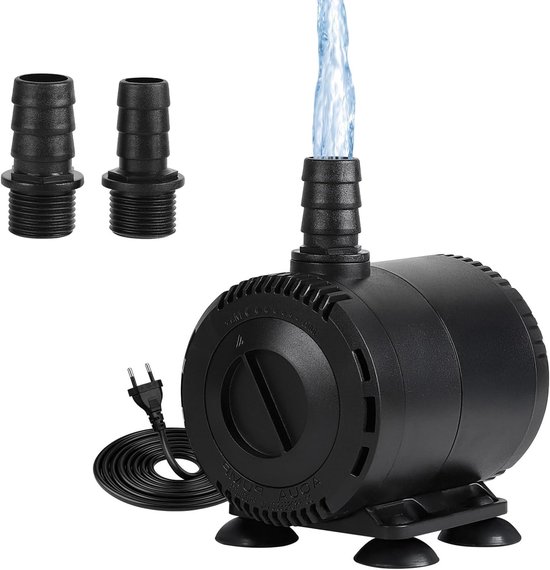 Krachtige en Stille Onderwaterpomp voor Aquariums en Fonteinen, 1000 L/h, 15 W, Verstelbare Stroom, 1.5 m Kabel, Inclusief 2 Nozzles voor Vijvers en Fonteinen tot 50 cm