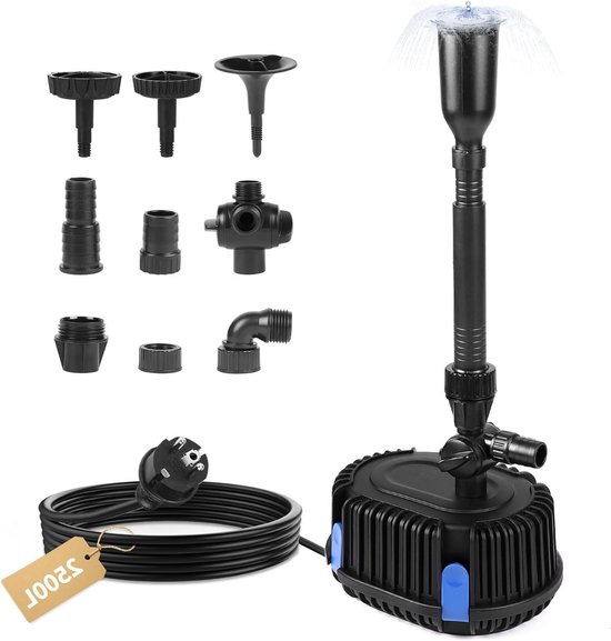 Krachtige Fonteinpomp voor Tuin en Vijver, 2500 L/H, 2.7 m, Inclusief 10 m Voedingskabel en Filter Spons, Ideaal voor Waterpartijen en Tuindecoratie van Merkloos