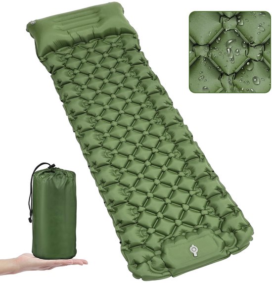 Kraftverdia Kochar Slaapmat Opblazen - Slaapmat met ingebouwde voetpomp & hoofdkussen - 200 x 70 x 7cm - Camping matras - Slaapmatje - Legergroen
