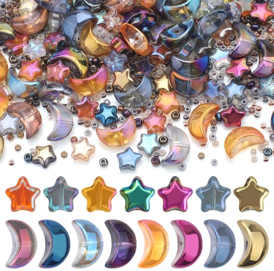 kralen set 520 stuks ster & maan 8-14mm + mini glaskralen kleurrijk gegalvaniseerd voor armbanden sieraden maken oorbellen doe-het-zelf kettingen - incl. opbergdoos