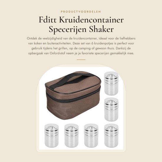 Kruidencontainer 6 Stuks - Specerijen Shaker - Kruidenpotjes met Opbergzak - Roestvrij Staal - Oxford-Stof - Lichtgewicht 426 g