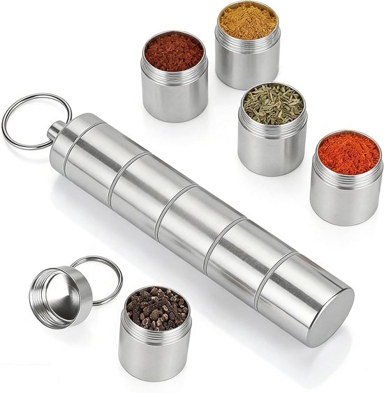 Kruidenpotje 5-in-1 voor camping en picknick, waterdicht en draagbaar, aluminium, 20 ml, ideaal voor kruiden en specerijen van Merkloos