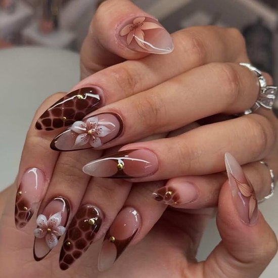 Kunstnagels, amandelbruin, gesprongen marmer, Franse 3D, hibiscus, bloemen, herfst, gouden bonen, bruine bloemen, acryl, herfst, kunstnagels