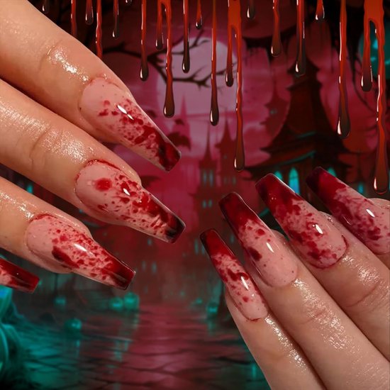 Kunstnagels, Ballerina, Halloween, rood, bloed, Franse horror, creepy vampier, Bloody design, Coffin kunstnagels met nagellijm, rode tips, Scary Vakantie Kunstnagels