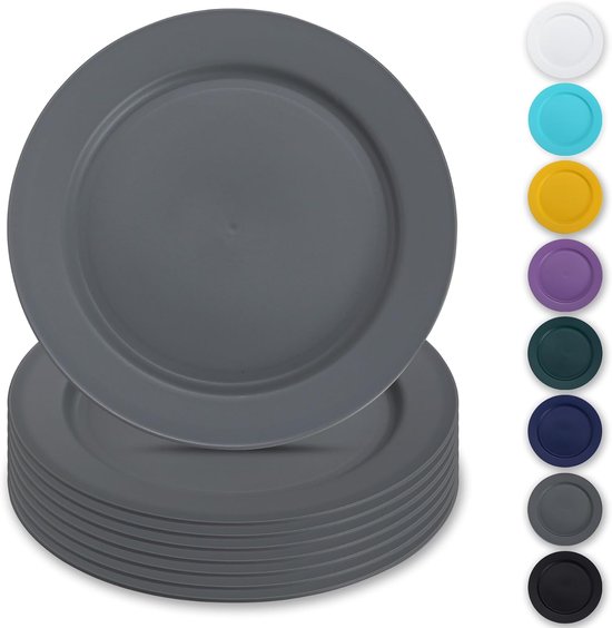 Kunststof Borden Set - 8 Delige Serviesset - 25 cm Diameter - Onbreekbaar en Magnetronbestendig - Voor Picknick Camping en Thuisgebruik - Grijs