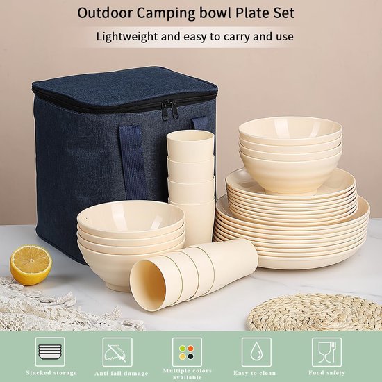 Kunststof servies 32-delig servies voor 8 personen, Herbruikbare Lichtgewicht Mokken, Kommen, Schotels voor Camping Picknicks en Dagelijks Gebruik, Vaatwasmachinebestendig, , Kaas Wit