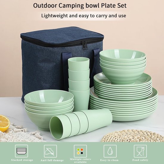 Kunststof servies 32-delig servies voor 8 personen, Herbruikbare Lichtgewicht Mokken, Kommen, Schotels voor Camping Picknicks en Dagelijks Gebruik, Vaatwasmachinebestendig, Lichtgroen van HENOH.