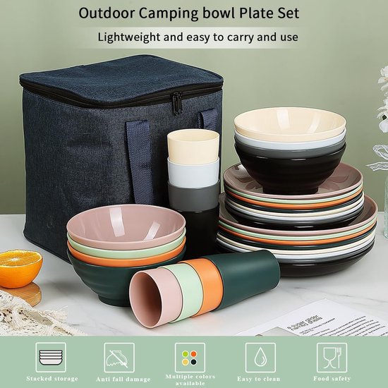 Kunststof servies 32-delig servies voor 8 personen, Herbruikbare Lichtgewicht Mokken, Kommen, Schotels voor Camping Picknicks en Dagelijks Gebruik, Vaatwasmachinebestendig, Mutil kleur