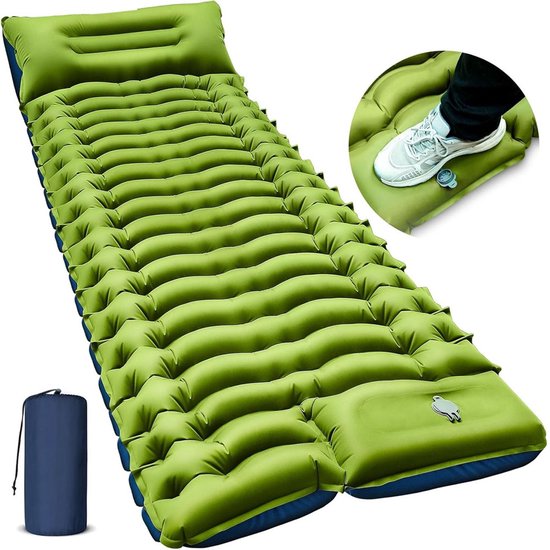 KZQ 1 stuk - Kampeer slaapmat - Ultralichte kampeermat met kussen - Ingebouwde voetpomp - Opblaasbaar slaapmatje - Compact - Ideaal voor kamperen, backpacken, wandelen, reizen, tenten - Groen van KZQ