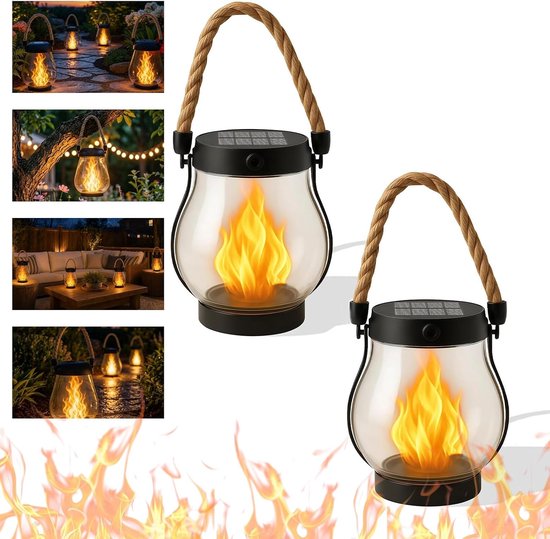 KZQ 2-delige oplaadbare solar lantaarns met flikkerend vlameffect - 2 modi warm wit - Waterdicht voor tuin patio en veranda - USB en zonne-energie - Zwart