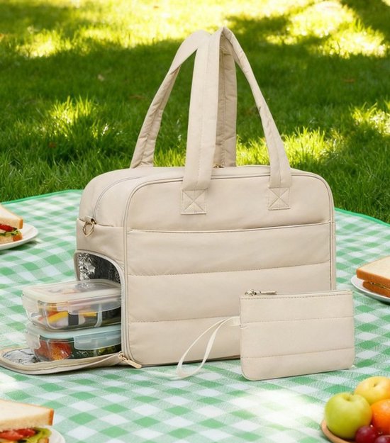 KZQ Dames Lunchtas Voor Werk 44 Cm Laptoptas Met Geïsoleerde Lunch Zak Muntportemonnee Grote Gestikte Reistas Lichtbruin Voor Dagelijks Gebruik En Reizen van Merkloos
