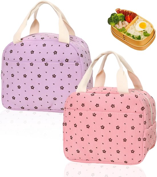 KZQ Geïsoleerde Lunchtas 2 Stuks, Corduroy met Aluminiumfolie Voering, Roze en Paarse Lunchkoeltas met Buitenzak, voor Picknick School Kantoor