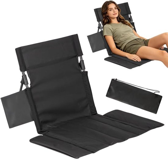 KZQ Inklapbare Strandmat Met Rugleuning En Draagtas Lichtgewicht Vloerstoel Voor Picknick Vissen Wandelen En Kamperen Zwart
