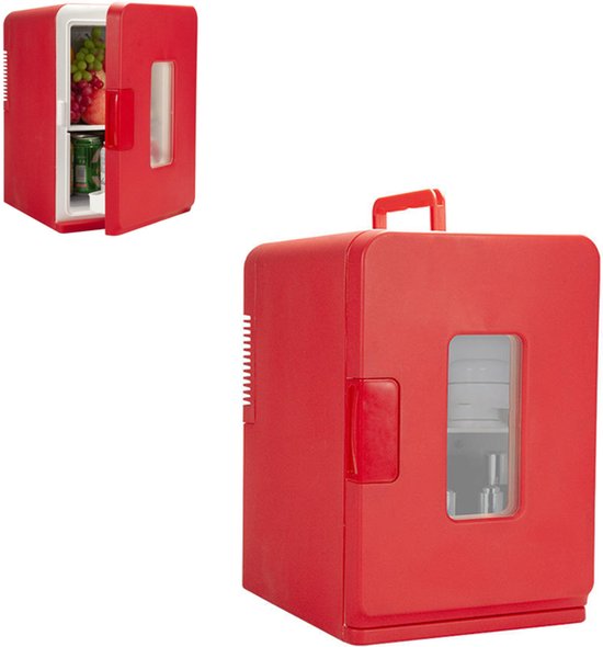KZQ Mini koelkast 15 liter 2-in-1 minibar koel en warm AC/DC 230V/12V draagbaar rood zwarte glazen deur voor auto kantoor camping thuis eten drinken