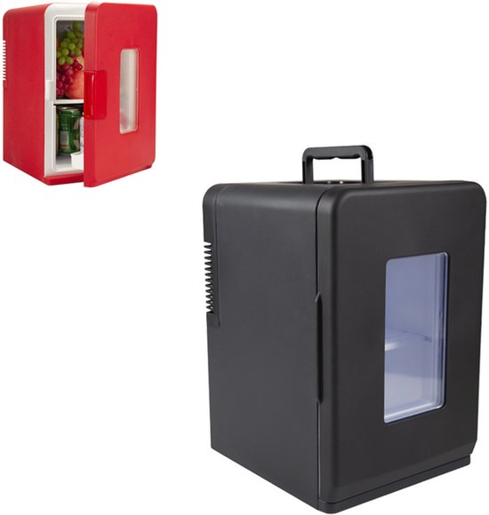 KZQ Mini koelkast 15 liter 2-in-1 minibar koel en warm AC/DC 230V/12V draagbaar zwart zwarte glazen deur voor auto kantoor camping thuis eten drinken