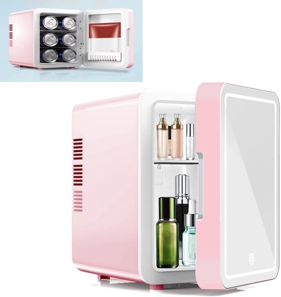 KZQ Minicoelkast voor cosmetica 4 liter 2-in-1 draagbaar roze glazen deur voor auto kantoor camping thuis