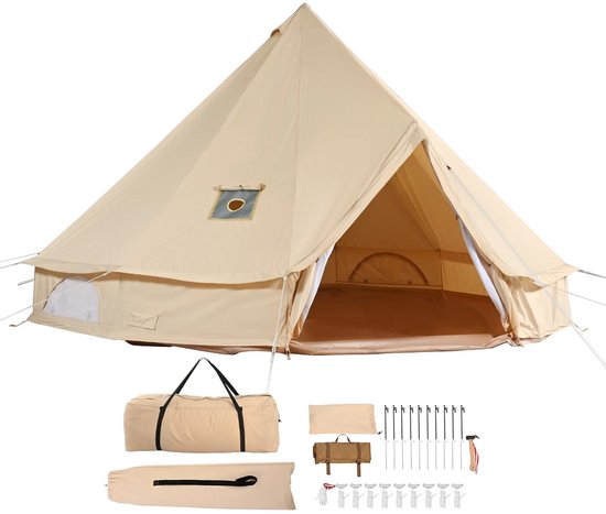 LabelOne Bell Tent - Tipi Tent - Tent - 3m doorsnede - 4 seizoenen - oprolbare wanden/deuren - incl. draagtas & accessoires van Merkloos