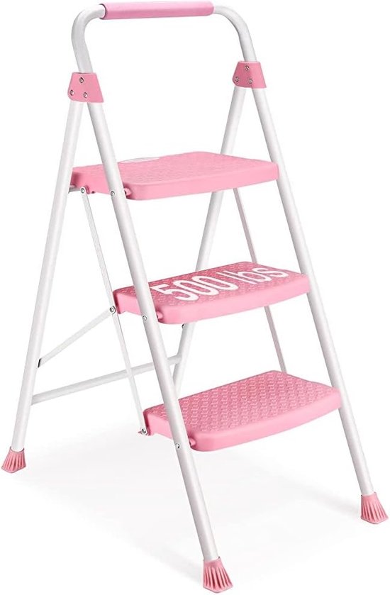 Ladder 3 treden, trapladder met breed pedaal, lichte 150 kg capaciteit, draagbare opstapkruk, roze van Langria