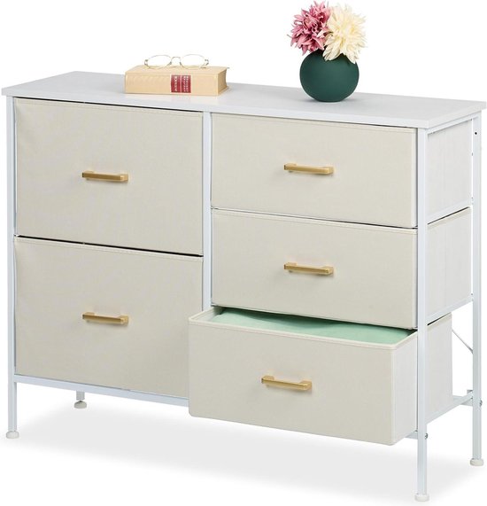 Ladekast 5 lades voor kleding - Woonkamer Slaapkamer - HBD 76 x 100 x 31 cm - Handgrepen Dressoir Wit/Goud van Arlerco