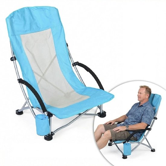 Lage Strandstoel Opvouwbaar – Ergonomische Campingstoel met Hoge Rugleuning – Lichtgewicht & Ademend – 150 kg Belastbaar – Met Bekerhouder & Draagtas van Merkloos
