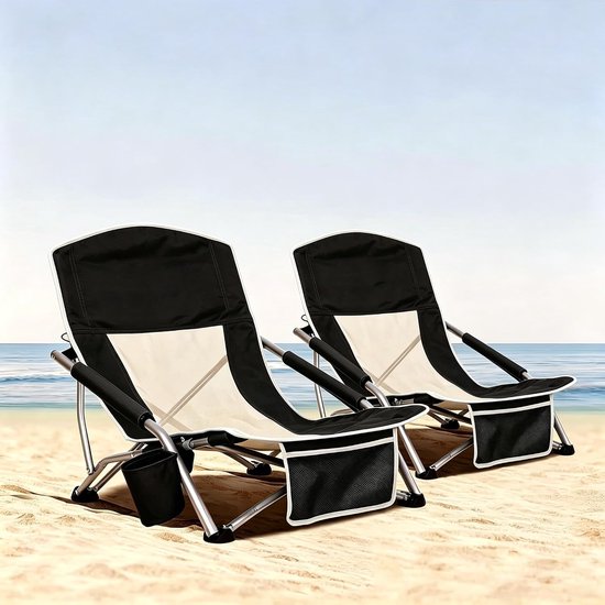 Lage Strandstoelen Set van 2 - Opklapbare Campingstoelen met Hoge Rugleuning - Lichtgewicht & Draagbaar met Draagtas - Met Bekerhouder, Telefoonvak & Handdoekstang - Belastbaar tot 136 kg - Zwart
