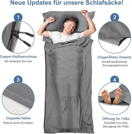 Lakenzak 2 Persoons - Donkergrijs - 220 x 95 cm - 2-in-1 Met Voetritssluiting - Voor Backpacking en Kamperen