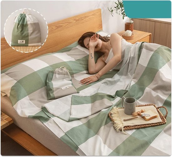 Lakenzak Katoen - Reislaken Slaapzak - Comfortabel Slapen - Ademend Zacht Materiaal - 80x210 cm - Groen
