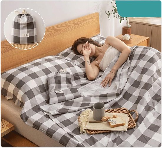 Lakenzak Katoen - Reislaken Slaapzak - Comfortabel Slapen - Zacht Ademend - 120x210cm - Grijze Streep