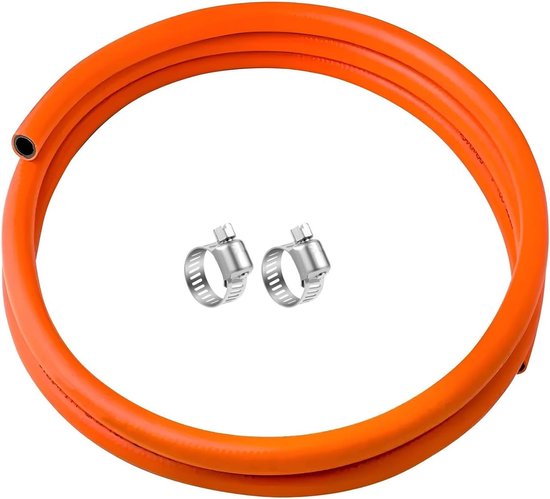 Lange LPG Gasslang van 2 meter met 8mm binnendiameter, geschikt voor Butaan en Propaan, inclusief 2 slangklemmen, veilig en duurzaam voor gasinstallaties