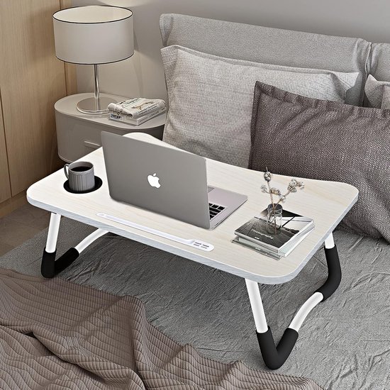 Laptop Table Foldable, Laptop Desk with 4 USB Charging Ports/Drawer/Tablet Holder/Cup Holder, For Bed, Sofa, Floor (60x40cm, White)