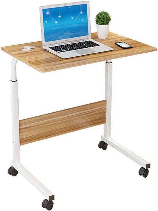 Laptoptafel met Wielen - Nachtkastje Tafel - Werken op Bank - In Hoogte Verstelbaar - 80x50cm - Houtkleur