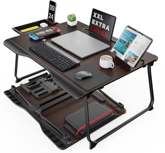 Laptoptafel XXL voor Bed - Ideaal voor Studie, Eten en Werken - Inklapbare Tafel met Lade en Boekenstandaard