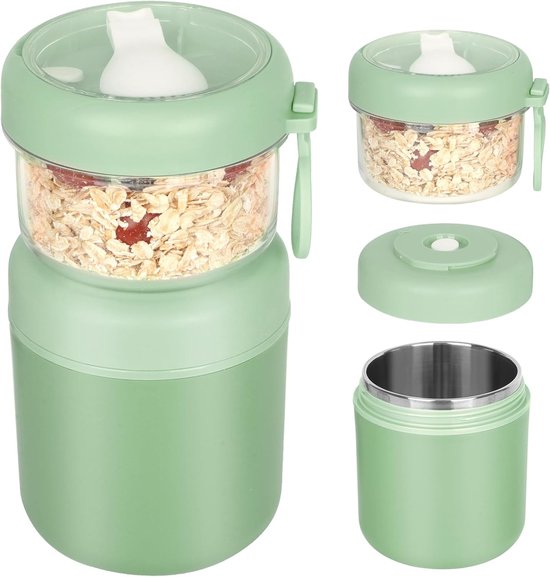 Large Stainless Steel Cereal Cup to Go Yogurt Cup 530 ml + 330 ml Portable, Leak-proof, Cereal Cup, Bread Box, Lunch Box, Cereal Box, Yogurt, Salad, Rice Box (Green)