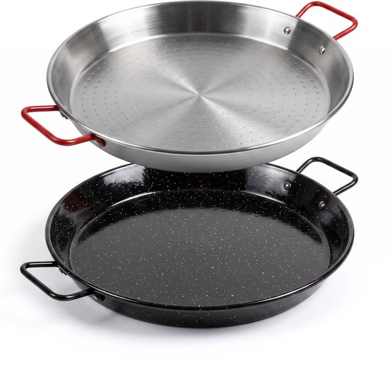 Le Pratique | Garcima voordeelset van 2x Paellapannen (46cm) | 1x Carbonstaal + 1x Geëmailleerd Staal | Geschikt voor 2x 12 personen | Authentieke Paellapannen | Made in Spain
