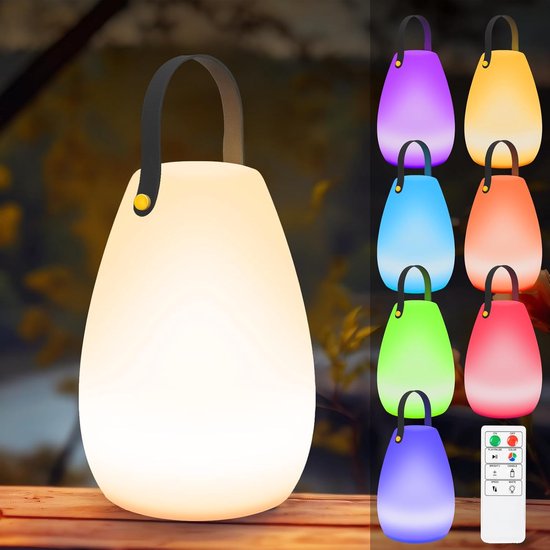 LED-buitenlamp op batterijen met afstandsbediening, dimbare tafellamp, draadloos, 8 kleuren en warm wit, IP44, waterdicht, USB-C-kampeerlamp