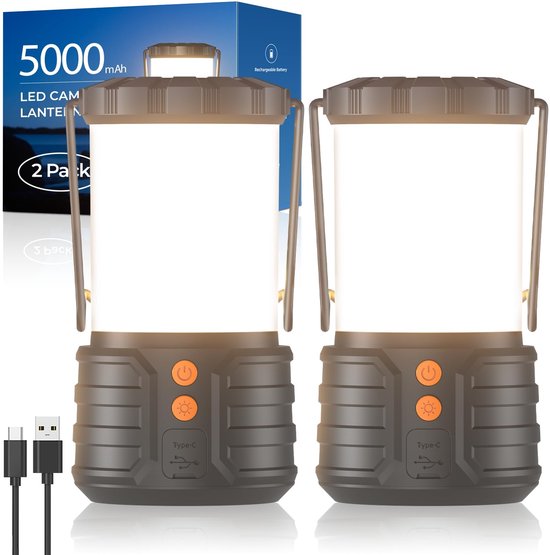 LED Campinglamp Set - 2 Stuks - USB Oplaadbaar - 5000 mAh - 3 Lichtstanden - IPX4 Waterdicht - Draagbare Lantaarn & Zaklamp - Voor Camping, Tent & Noodverlichting