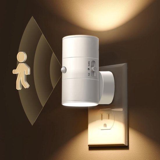 LED Nachtlampje met Bewegingssensor, Dimbaar 0–100 lm, Warm Wit 3000K, Stopcontact Nachtlamp voor Kinderkamer, Trap, Gang, Slaapkamer, Keuken, Badkamer, Wit