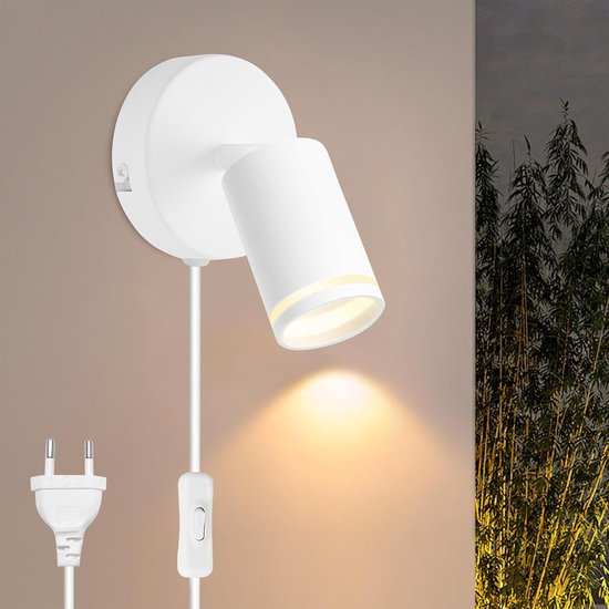 LED-wandlamp voor binnen met stekker en schakelaar, 350° draaibaar, dimbaar, leeslamp, moderne wandlamp van aluminium voor kantoor, woonkamer en slaapkamer (wit, 1 stuk)