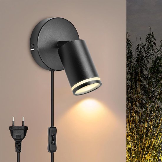LED-wandlamp voor binnen met stekker en schakelaar, 350° draaibaar, dimbaar, leeslamp, moderne wandlamp van aluminium voor kantoor, woonkamer en slaapkamer (zwart, 1 stuk)