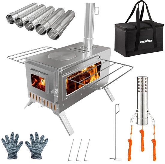 LeeuwenChoice® Draagbare Camping Houtkachel RVS - Tentkachel Met Pijp - Met Kookplaat & Grill Plaat van Merkloos
