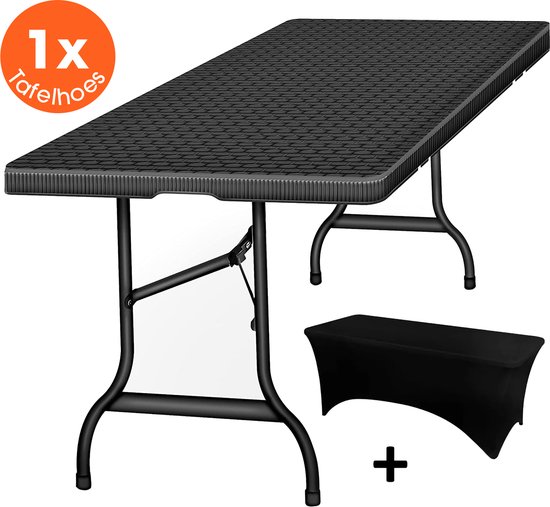 Lenx Klaptafel - Inklapbare tafel - Inclusief Zwarte Tafelhoes - 180x75x74cm -Opvouwbare Tuintafel - Vouwtafel - 6 tot 8 Personen - Rattan van Merkloos